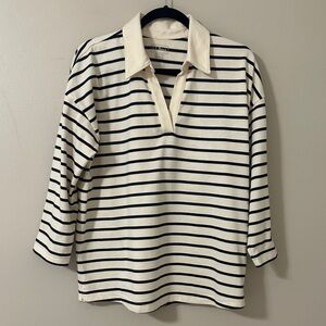 L.L.Bean Womens Heritage Mariner Splitneck Polo Shirt Top Cream/Navy Stripe Sz